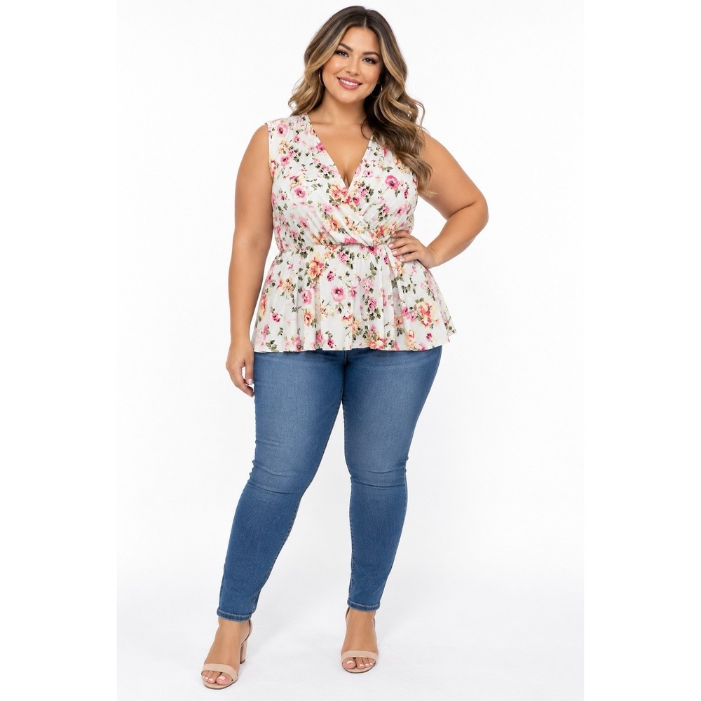 White Birch 2X Floral Peplum Top Sleeveless Wrap V Neck Pink Yellow Plus Size